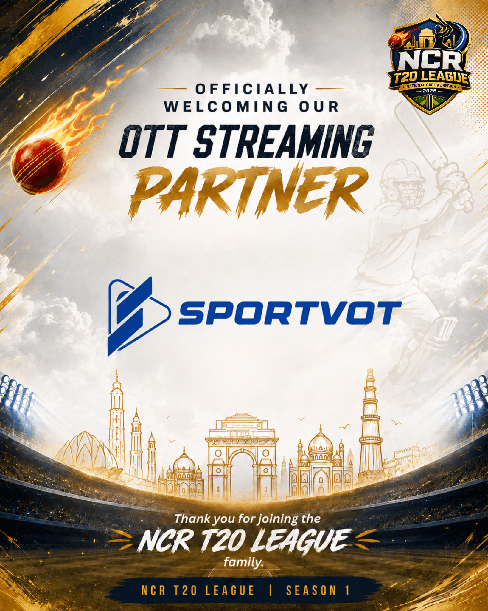 We are proud to welcome SportVot as the Official OTT Streaming Partner of the NCR T20 League – Season 1.
