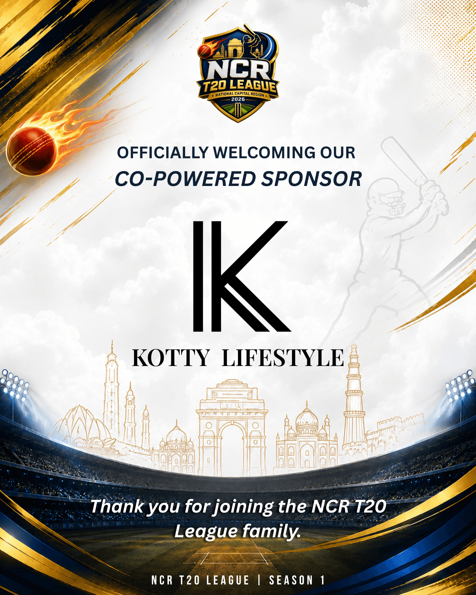 We are proud to welcome Kotty India as the Official Co-Powered Sponsor of the NCR T20 League – Season 1.